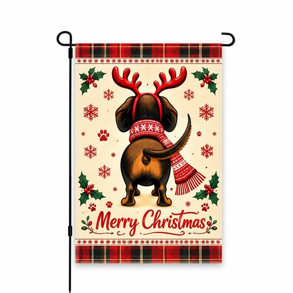 Decorative Garden Flag 12x18 Inch - Dog with Reindeer Antlers & Scarf, Merry Christmas Theme, Red & Green, Perfect for Holiday Yard, Lawn, Porch Decor