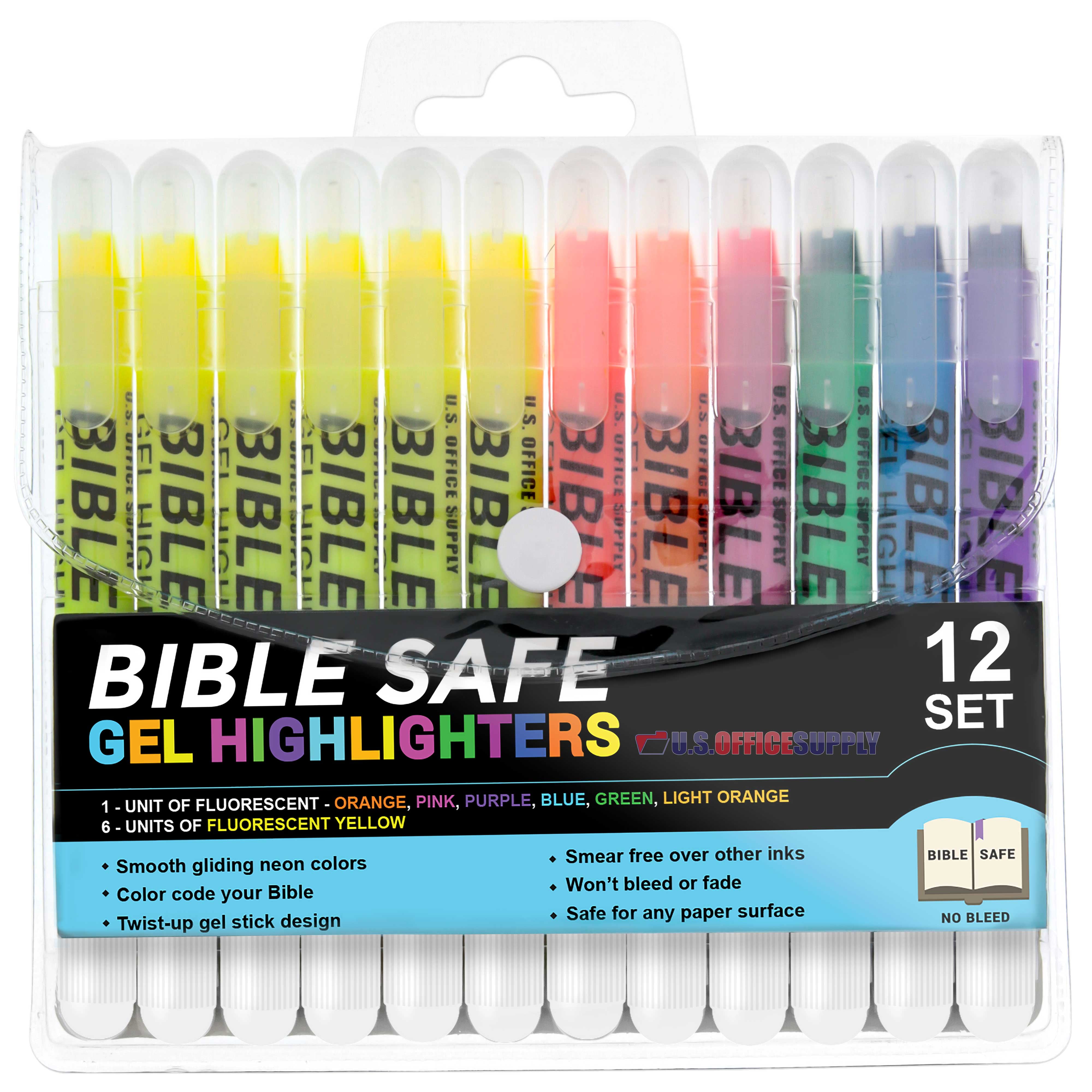 Study Guide US Office Supply Bible Safe Gel Highlighters Pack of 12 Orange Won't Bleed Green Fade or Smear Blue Purple Set with 6 Bright Neon Yellow Highlight Colors Plus 6 Colors Pink 