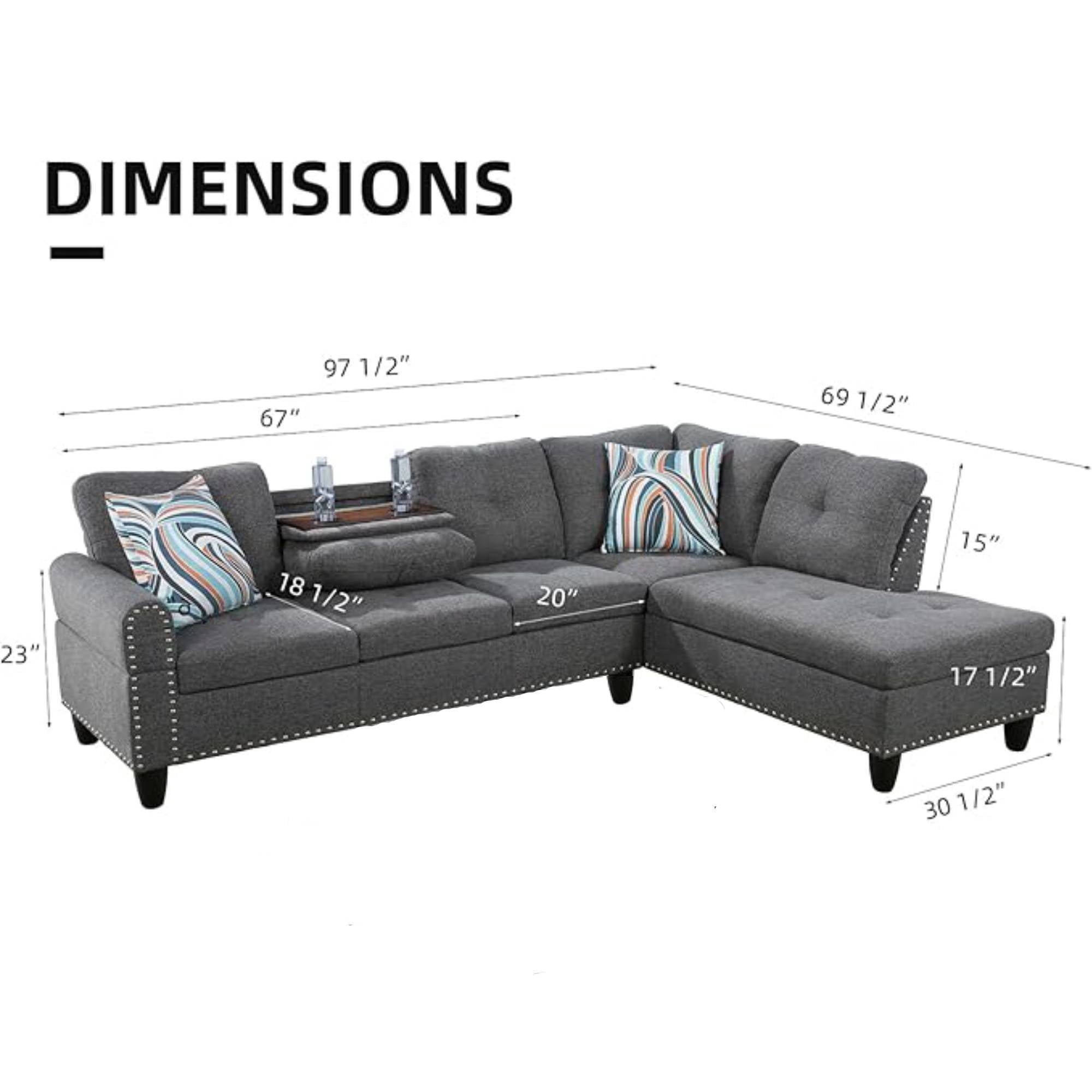 L-Shaped Linen Sectional Sofa with Left Chaise, Modular Tufted Couch Nail-Head Lounge Sofa for Living Room, Grey