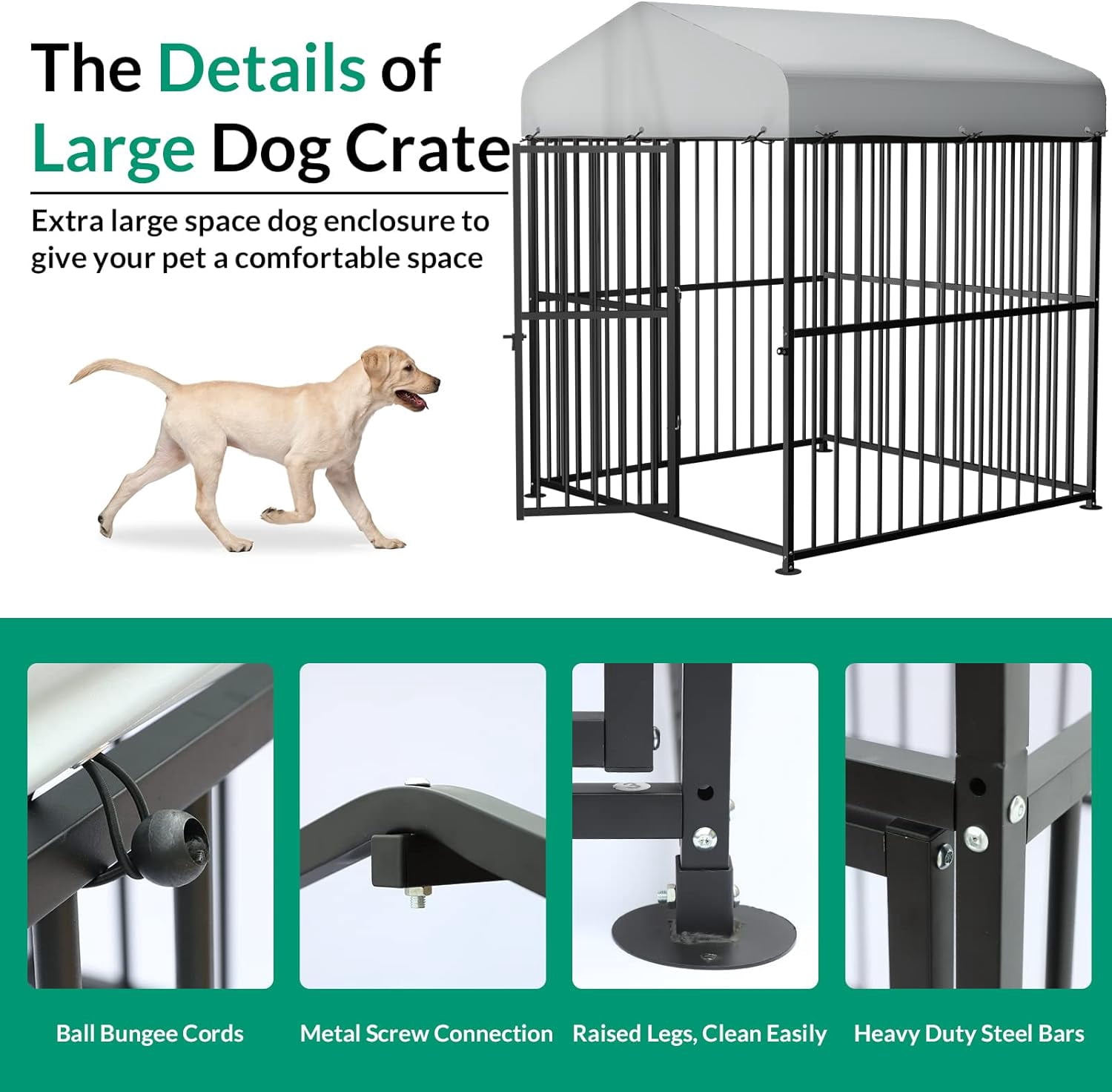 VIVIJASON 6 x 6 x 6 Ft Large Outdoor Dog Kennel, Heavy Duty Metal Frame Dog Cage with Thickened Bars, UV & Waterproof Cover, Outside Pen Playpen Dog Run House for Large to Small Dogs