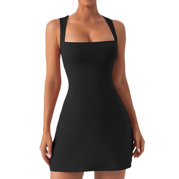 Vestido De Tirantes Finos Vestido ajustado de mujer Estilo sexy Vestido sin mangas Cuello cuadrado Slim Fit Traje diario Ygjytge Xl Negro para Mujer