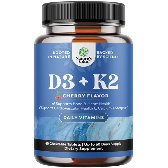 Natures Craft 2000 IU Vitamin D3 with K2 MK7 Supplement for Bone Health, Cherry, 60 Chewable Tablets