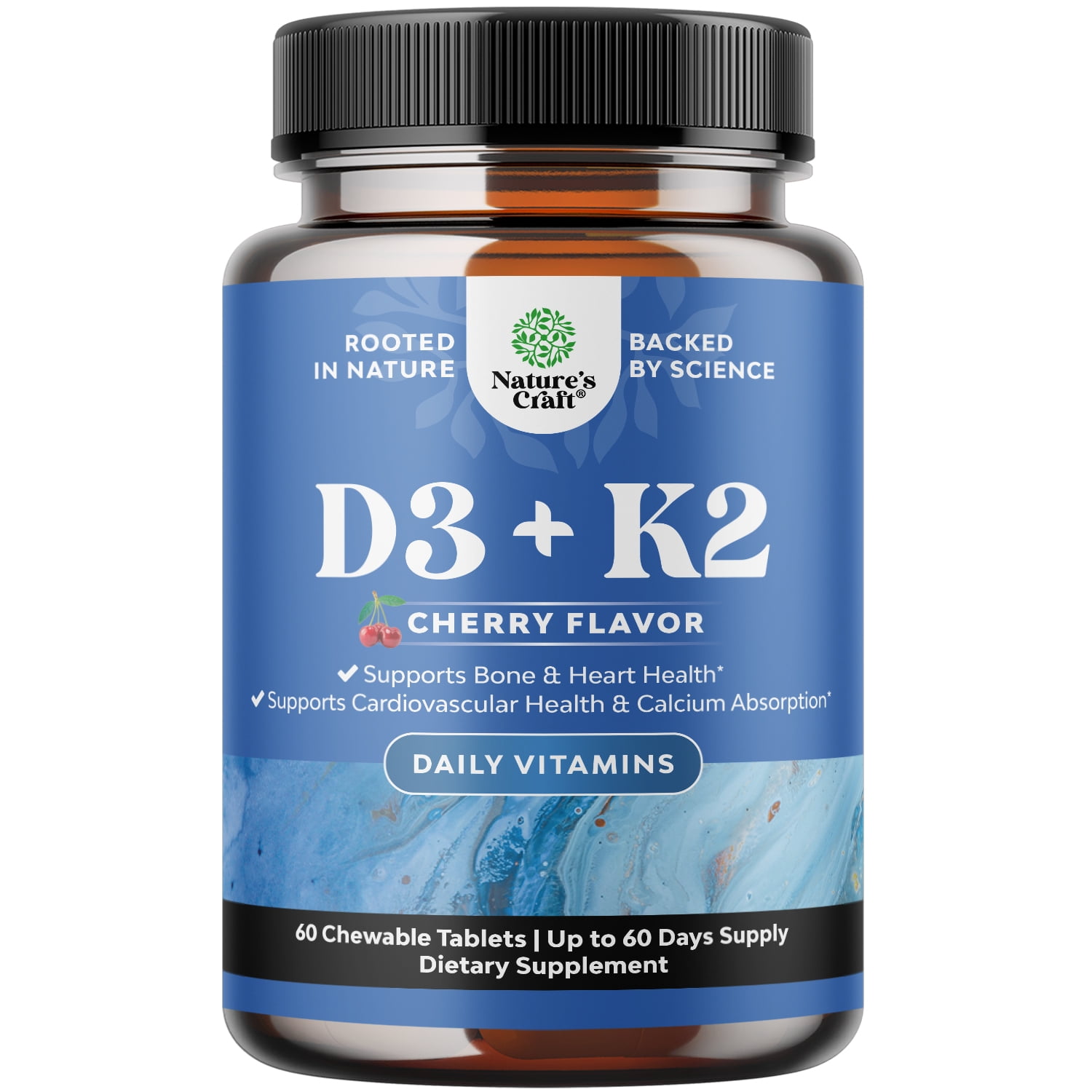 Natures Craft 2000 IU Vitamin D3 with K2 MK7 Supplement for Bone Health, Cherry, 60 Chewable Tablets