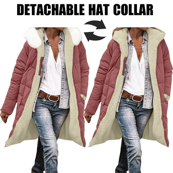 Coats for Women Hooded Long Sleeve Jacket Pockets Jacket Winter Long Coat Detachable Hat Collar,Womens Coats Plus Size Pink XXL