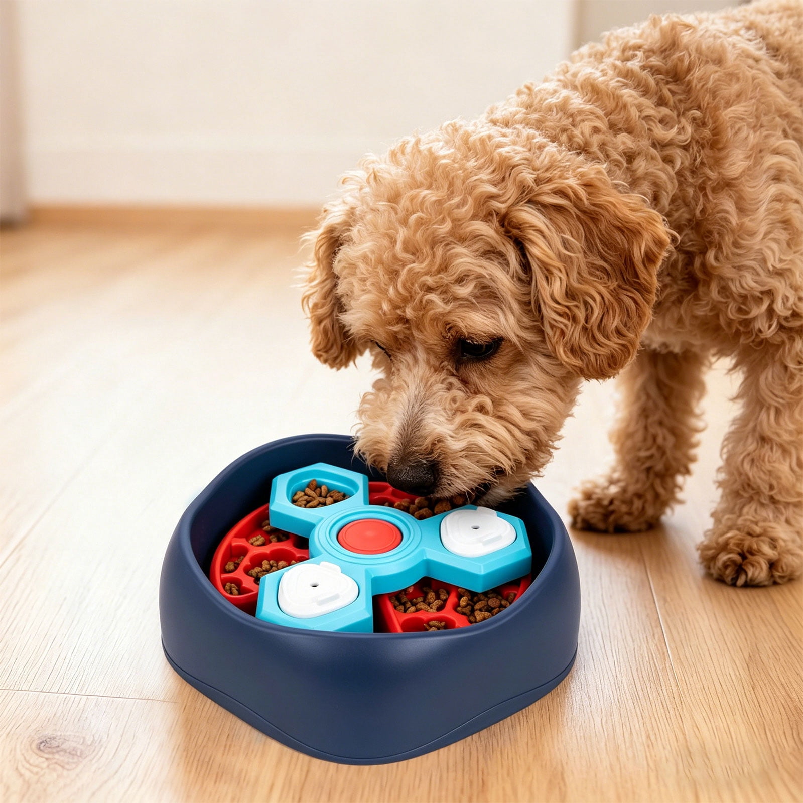 Large Capacity Slow Feed Dog Bowl With 3 Compartment Revolving Sections To Control Eating Speed