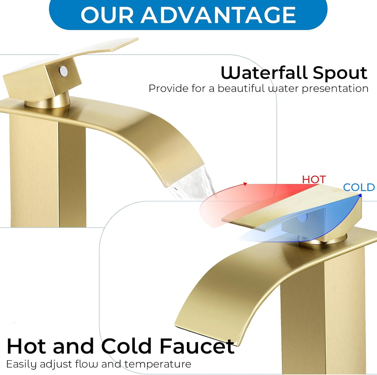 Brushed Gold Bathroom Faucets, Waterfall Bathroom Sink Faucet Modern Single Handle Bathroom Faucte 1 or 3 Hole, RV Mixer Tap Vanity Faucet - Includes Pop-up Drain Supply Hoses Deck Plate