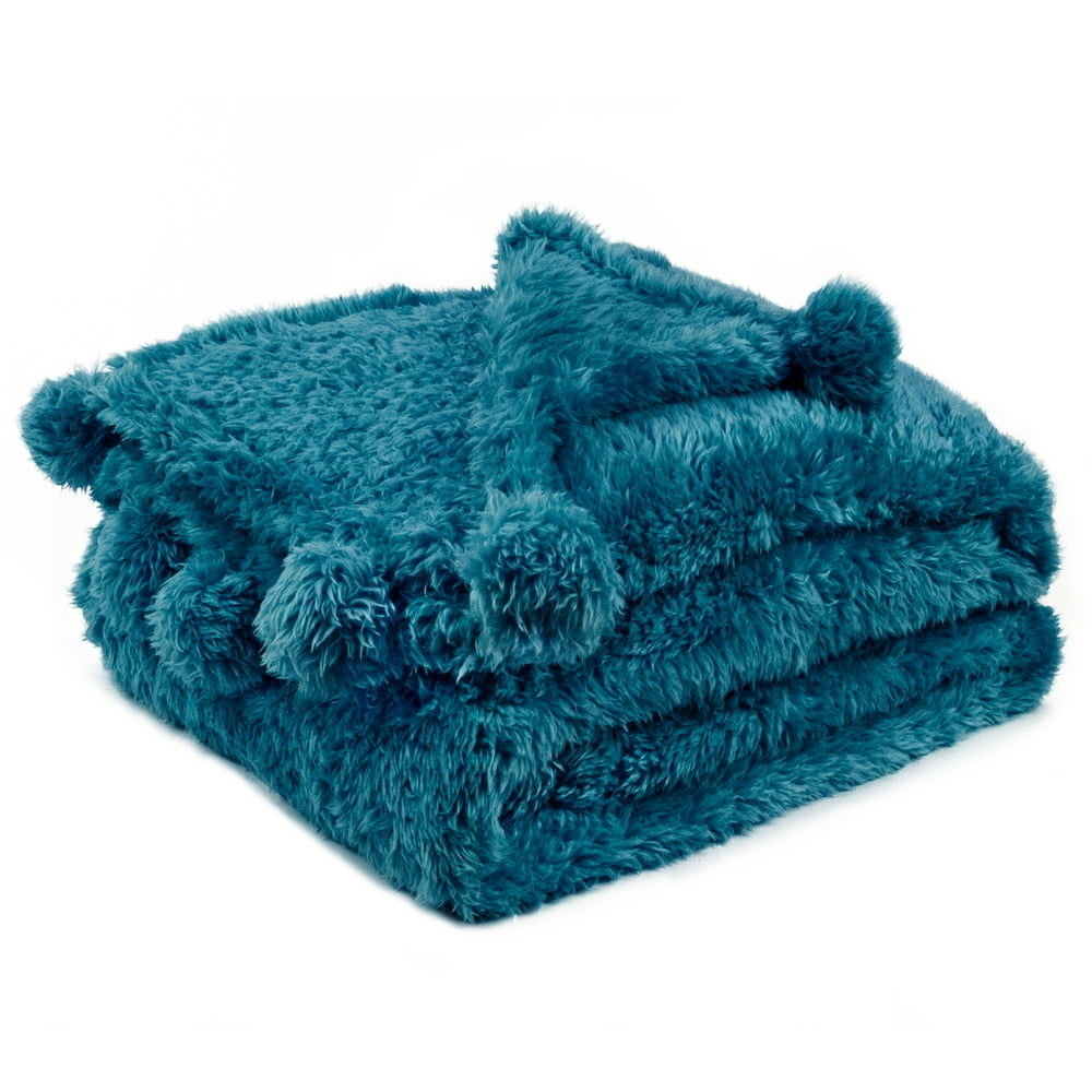 PAVILIA Teal Blue Sherpa Throw Blanket for Couch, Pom Pom Fluffy