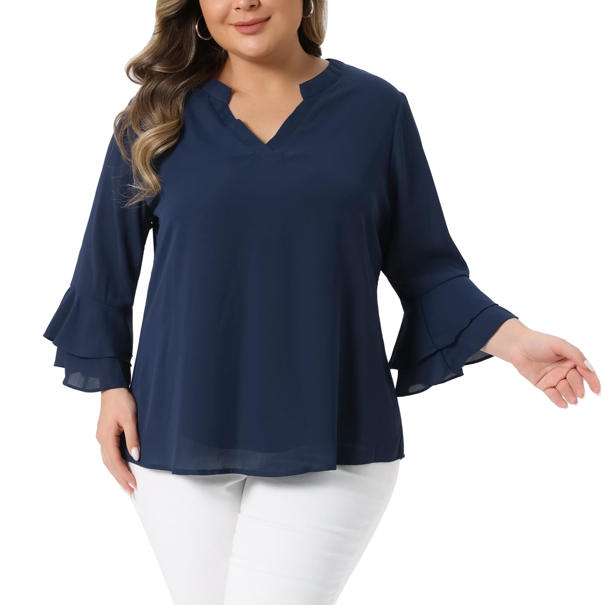 DARING DIVA Women's Plus 3/4 Bell Sleeve Notch Chiffon Tunic Shirts 2X Navy Blue