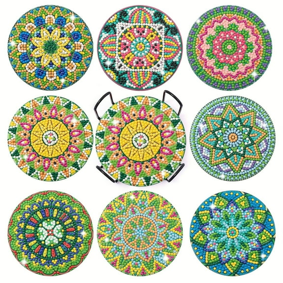 8pcs DIY Diamond Painting Coaster Kit with Green Floral Design and Stand, Perfect for Home Decor and Gift Giving