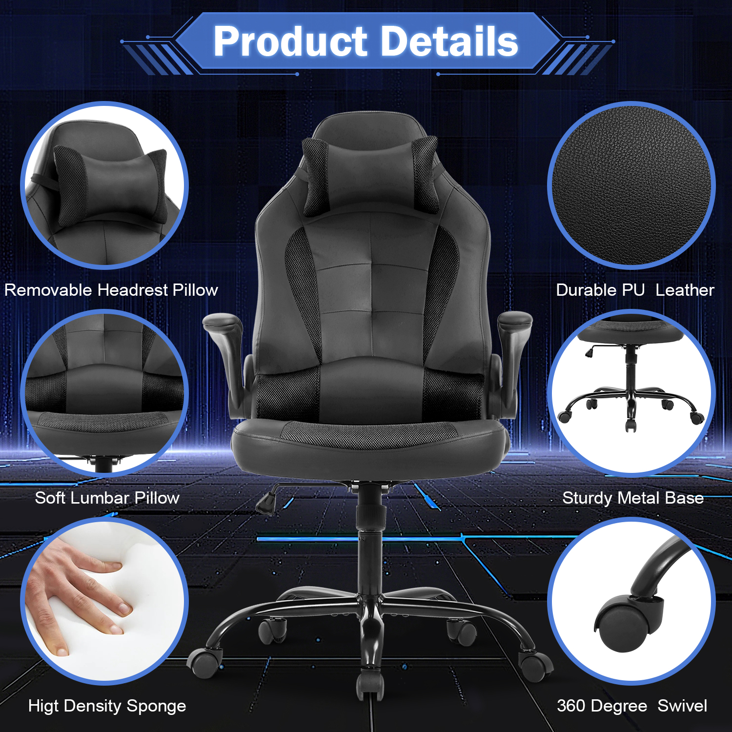 Video Game Chair High Back Gaming Chair PU Leather Racing Chair with Headrest Lumbar Support & Flip-up Arms , Adjustable Gamer Chair for Adults & Kids, Black
