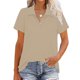 thumbnail image 2 of Camisa informal holgada de verano con cuello vuelto y color puro, color albaricoque XL, manga corta, cierre de un cuarto para mujer, 2 of 4