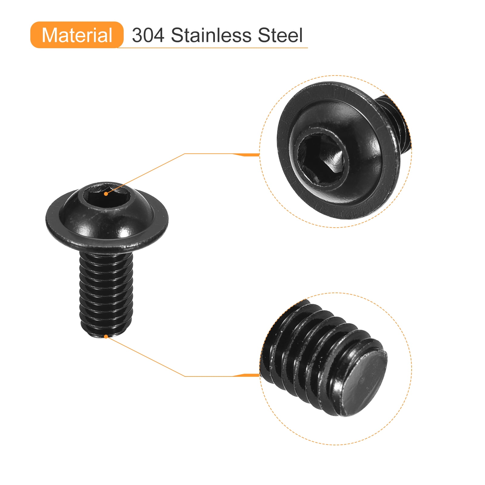 Uxcell Flanged Button Head Socket Cap Screws, 100 Pcs M6x16mm - 304 Stainless Steel Socket Drive Fasteners Bolts, Fully Thread Machine Screws (Black)