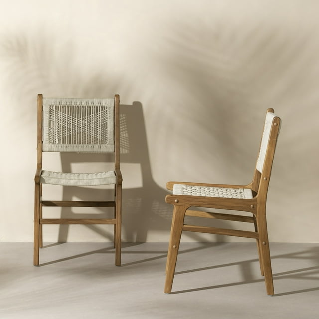 South Shore Agave Woven Rope and Teak Dining Chair, Set of 2, in Cream and Natural