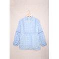 thumbnail image 4 of Women's Blue Ruffled Split Neck Lace Hollow Out Puff Sleeve Polka Dot Blouse, 4 of 5