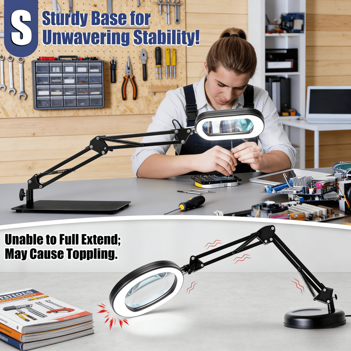 Veemagni Square Magnifying Glass with Light and Stand - Real Glass LED Magnifier with Clamp, 5 Color Modes Stepless Dimmable Hands-Free Desk Lamp for Reading Craft Hobby Close Work - Black