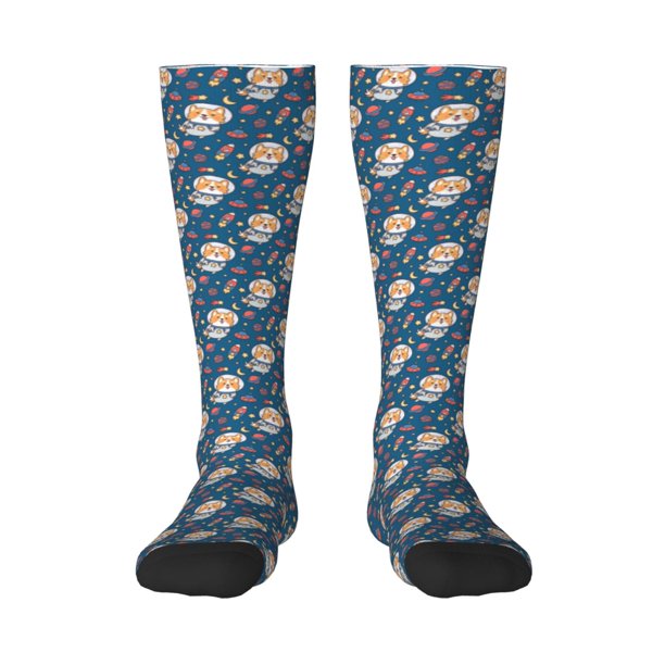 Fotbe Astronaut Corgi Dog Calcetas Divertidas Estampadas para Hombre y Mujer, Calcetas de Algodón hasta la Rodilla para Caminar, Correr, Enfermería y Embarazo