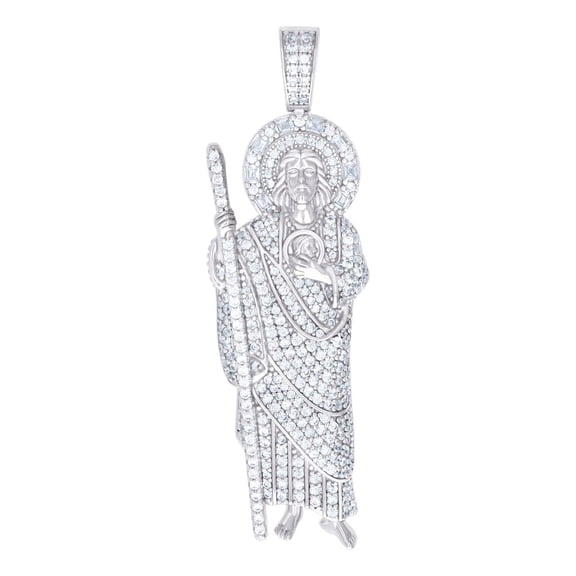 925 Sterling Silver Unisex Round Baguette Cubic Zirconia St. Jude Religious Charm Pendant Necklace 58.7x18.2mm Wide Pend