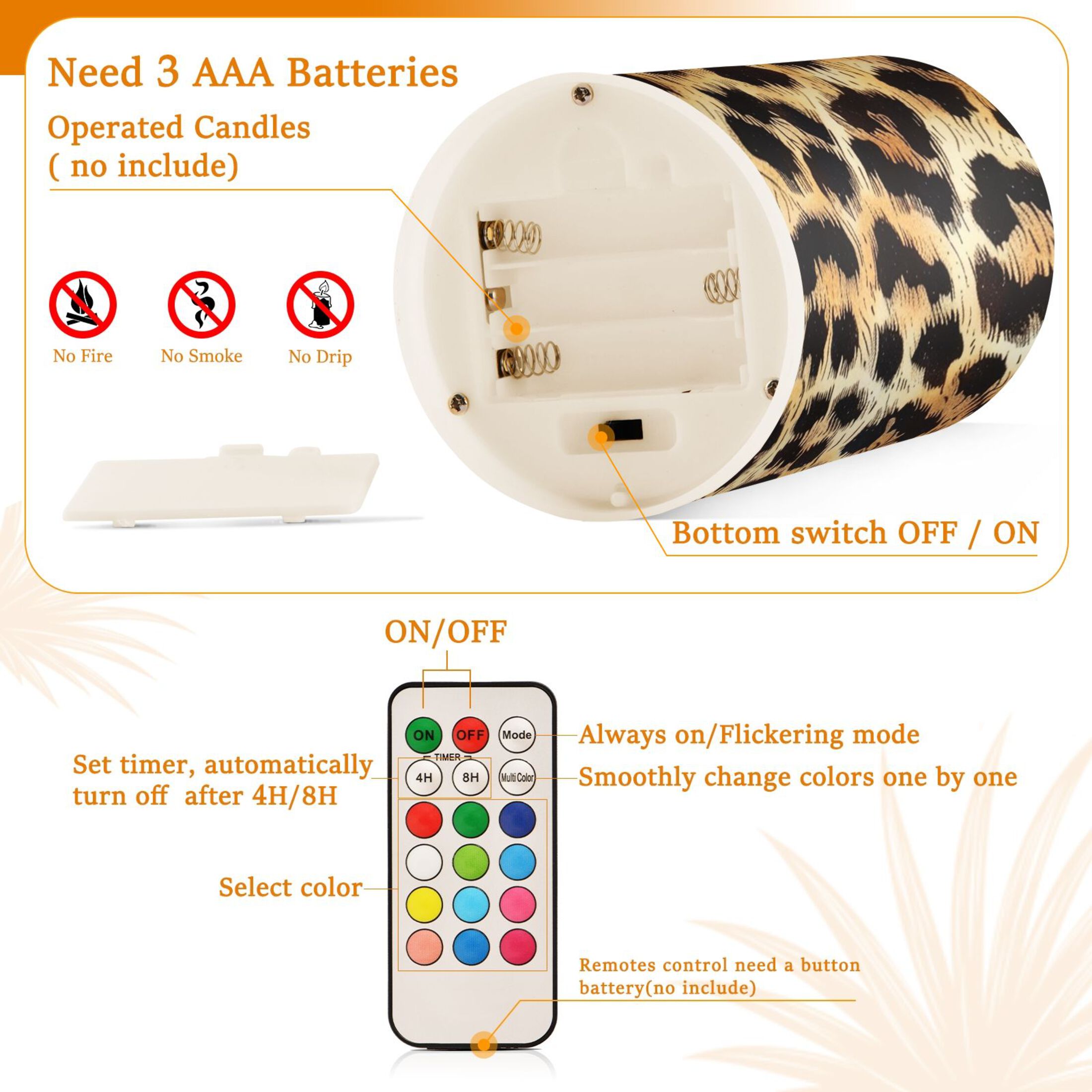 Leopard Fur Print Flickering Flameless Candles LED Tealight Battery Operated with Remote Set of 2 Holiday Decor Ornaments