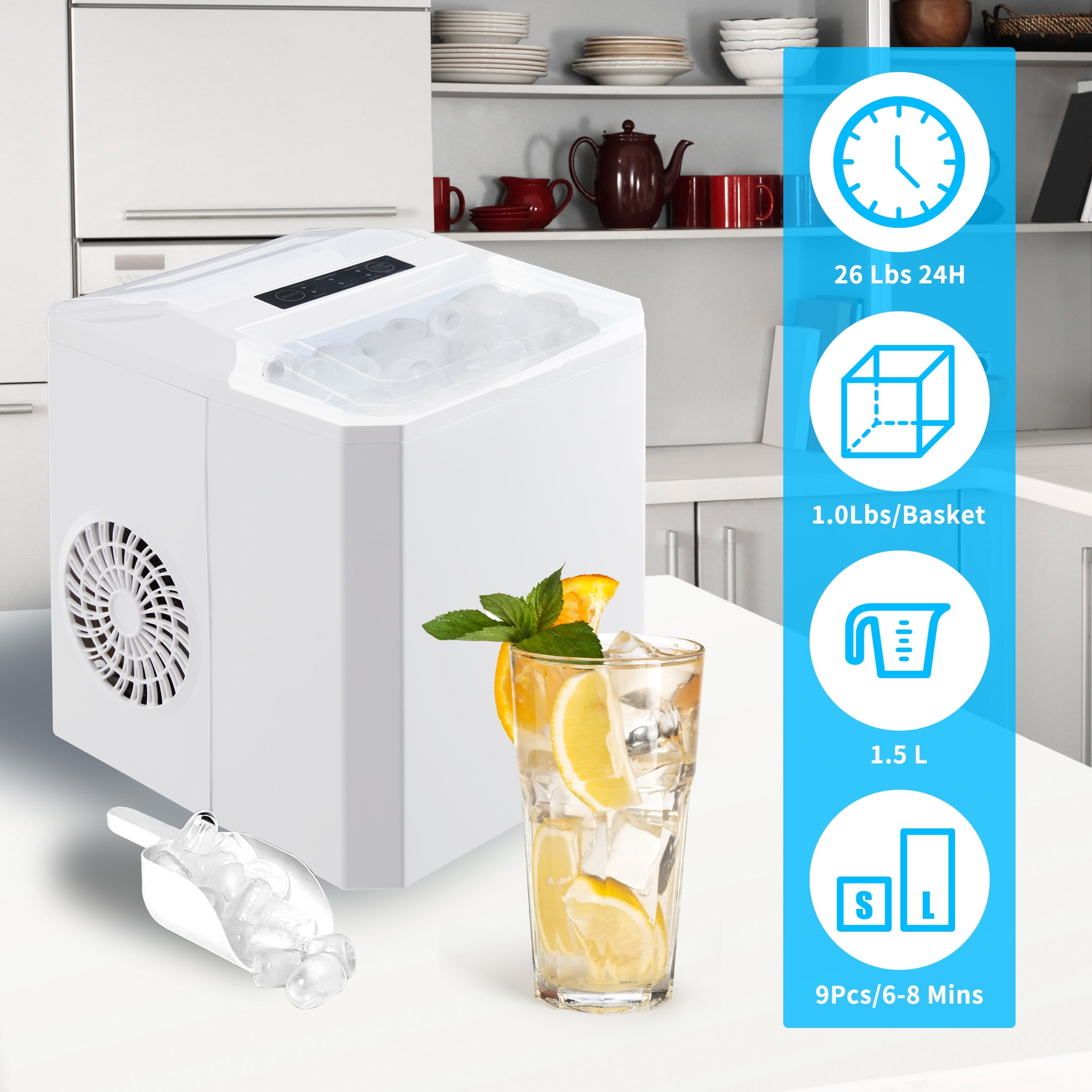 Ice Makers Portable Countertop 2 Ice S,Portable Compact Ice Cube Maker with Ice Scoop & Basket,26.5lbs in 24Hrs,9 Cubes Ready in 6Mins,for Home/Kitchen/Office/Bar