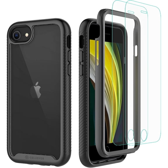 CellEver for iPhone SE 2020/7/8 Case with Screen Protector, Clear Full Body Heavy Duty Anti-Slip Cover (2X Glass Screen Protector Included) - Black