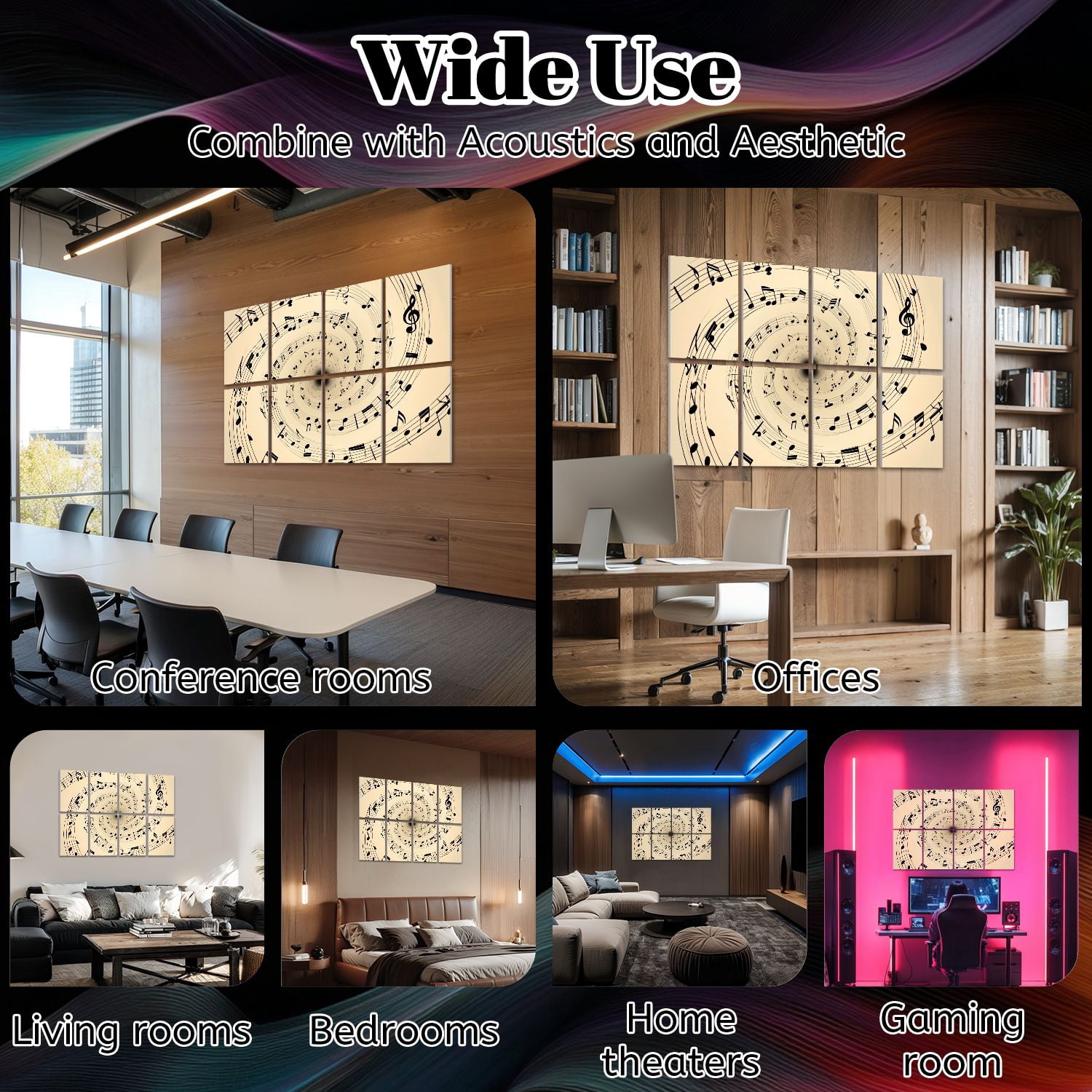 8 Pack Art Acoustic Panels Sound Absorbing Abstract Spiral Black Musical Notes Beige Decorative Soundproof Wall Panels Self Adhesive for Nursery Game Room Bedroom 48"x32"
