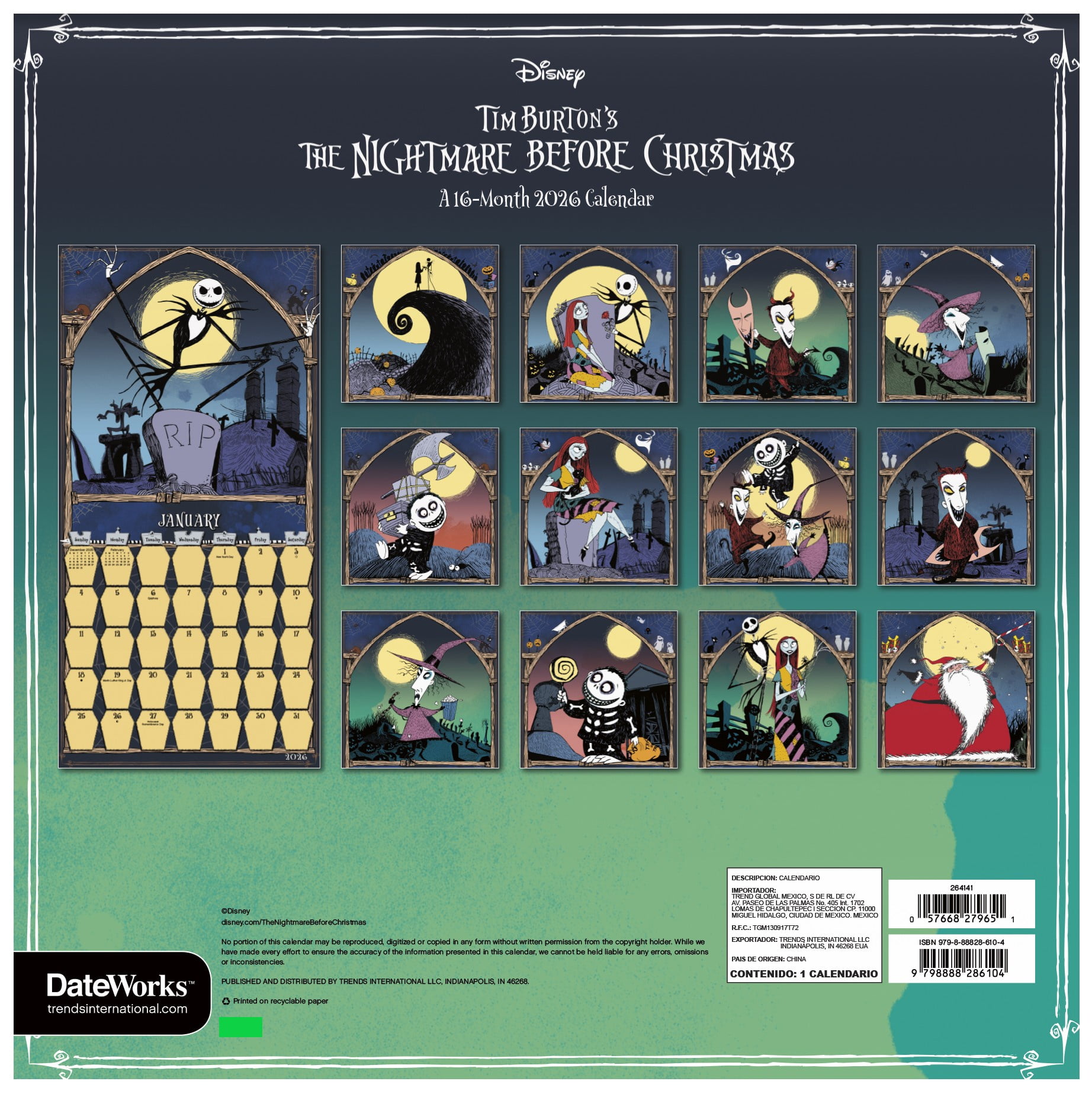 The Nightmare Before Christmas Wall Calendar, 16 Months, by Treads International