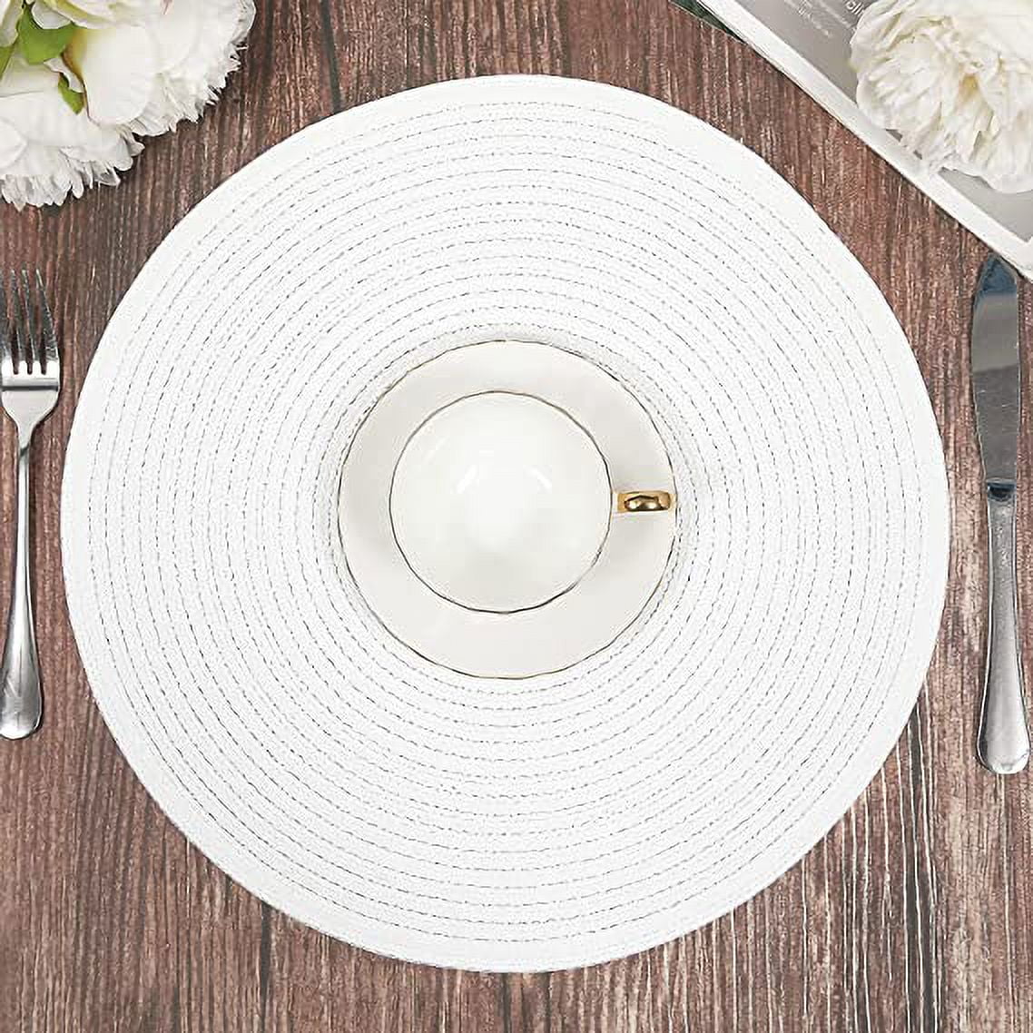 Namzi Round Braided Placemats Set of 6 Round Table Mats for Dining Table 15 inch Washable Cotton Polyester Place Mat (White, 6)