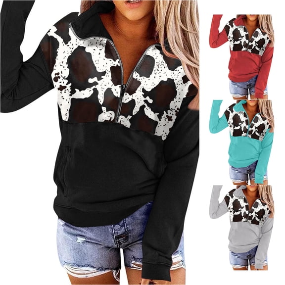 Trendfront Womens Cow Print Quarter Zip Sweatshirt Long Sleeve Animal Pattern Graphic Fall Winter Wear Pullover Top