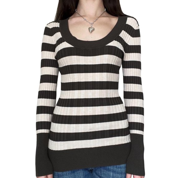 Liacowi Women Juniors Sweater Stripe Long Sleeve Pullover Slim FitJumpers Tops Loose Knitwear for Teen