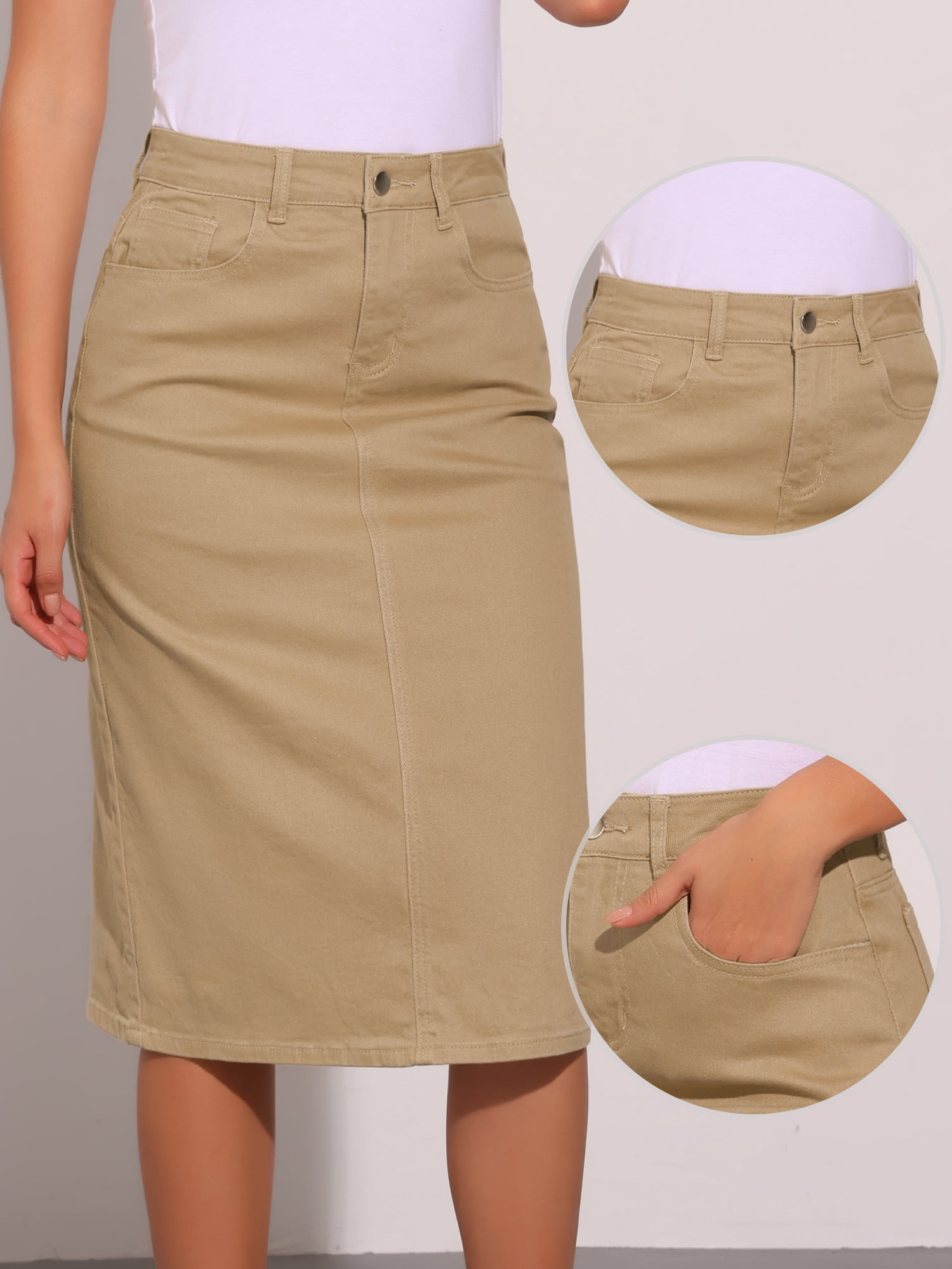 DARING DIVA Women's Zipped and Button Denim Split Back Pockets Midi Jean Skirts XL Khaki