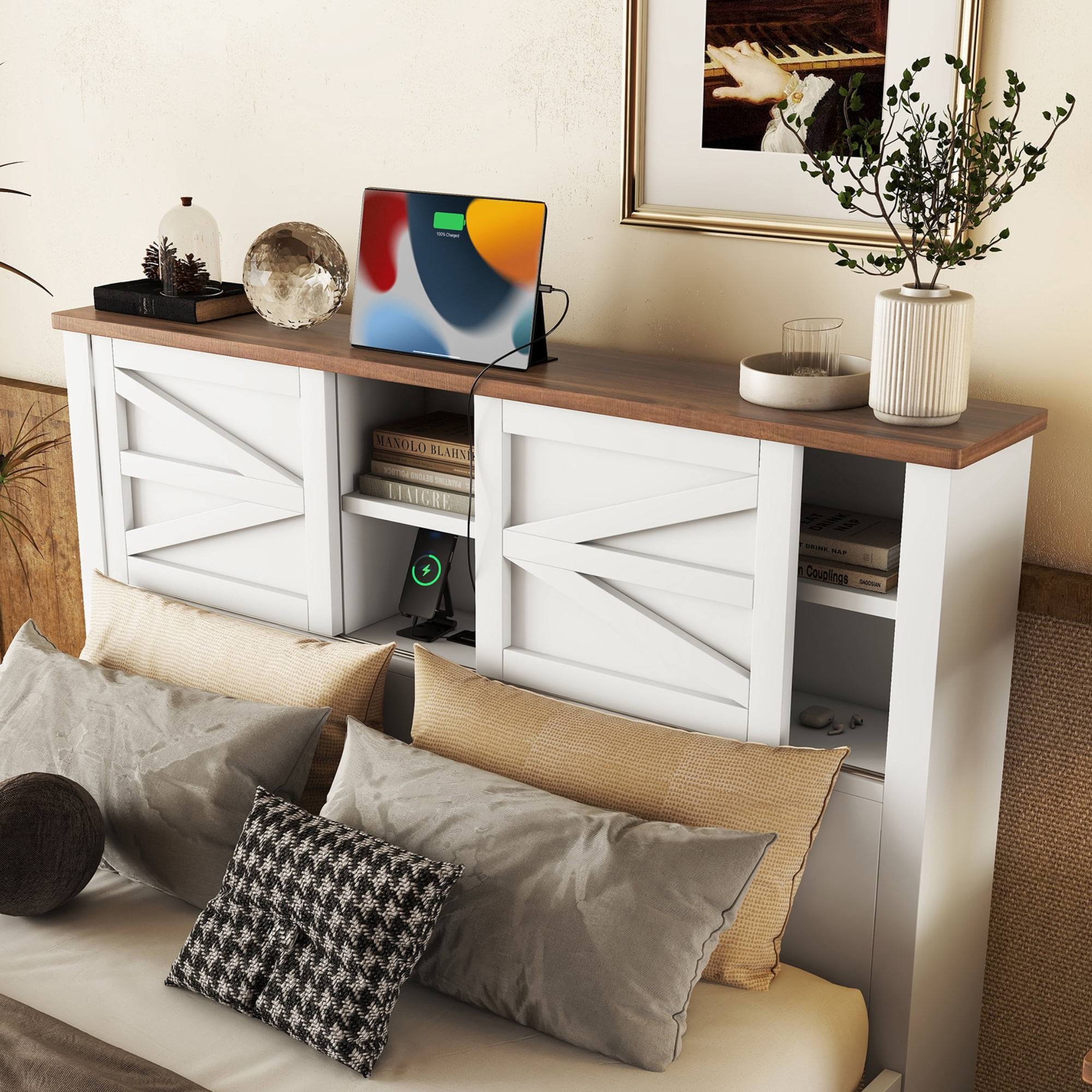 Mintazer Farmhouse 3-Piece Bedroom Set with Nightstand & 6-Drawer Dresser, Queen Platform Bed with Storage Headboard, White