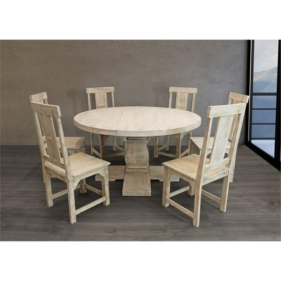 Benedict 7-Piece Dining Set - 58" Round Table & 6 Chairs in White Wash Finish
