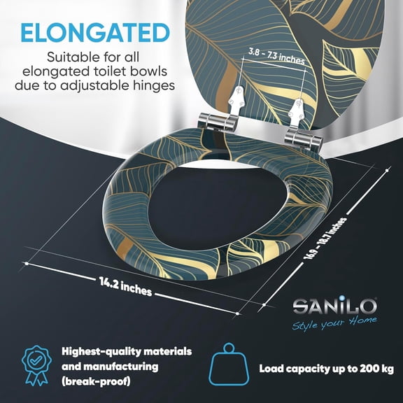 SANILO Wooden Toilet Seat with Soft Close [ELONGATED] - Decorative, Quiet & Slow Close Molded Wood Seat - With Strong Bumpers & Hinges - Adjustable Fit - Monstera