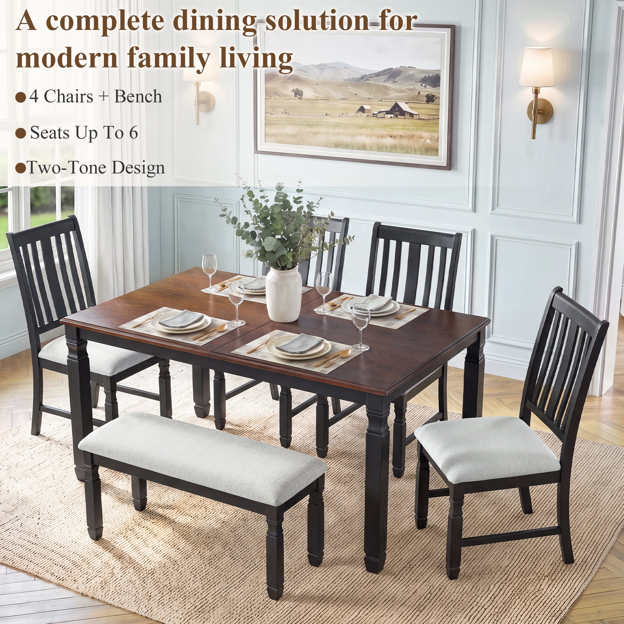 Euroco 6-Piece Dining Table Set for 6, Extendable Kitchen Table Set with 4 Upholstered Chairs and 1 Bench,Farmhouse Dining Set for Small Space, Easy Assembly,Espresso+Black