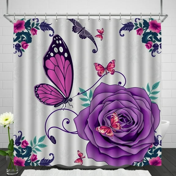 Large Purple Rose Shower Curtain with Pink Butterflies - Elegant Bathroom Decor