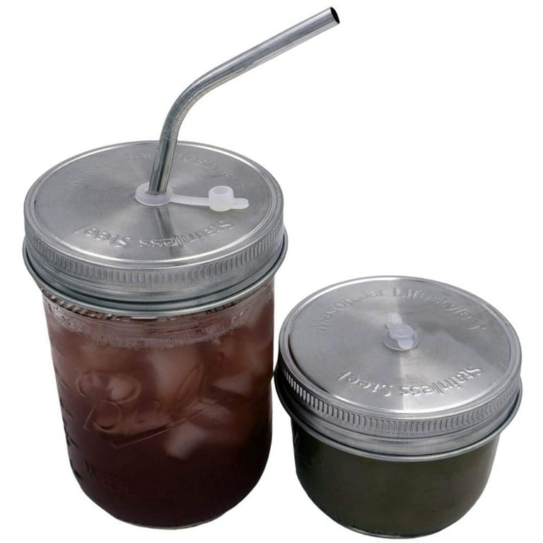 Two Ball Mason Spiral Jar Drinking Grey Plastic Lid & Straw Set of 2 new.