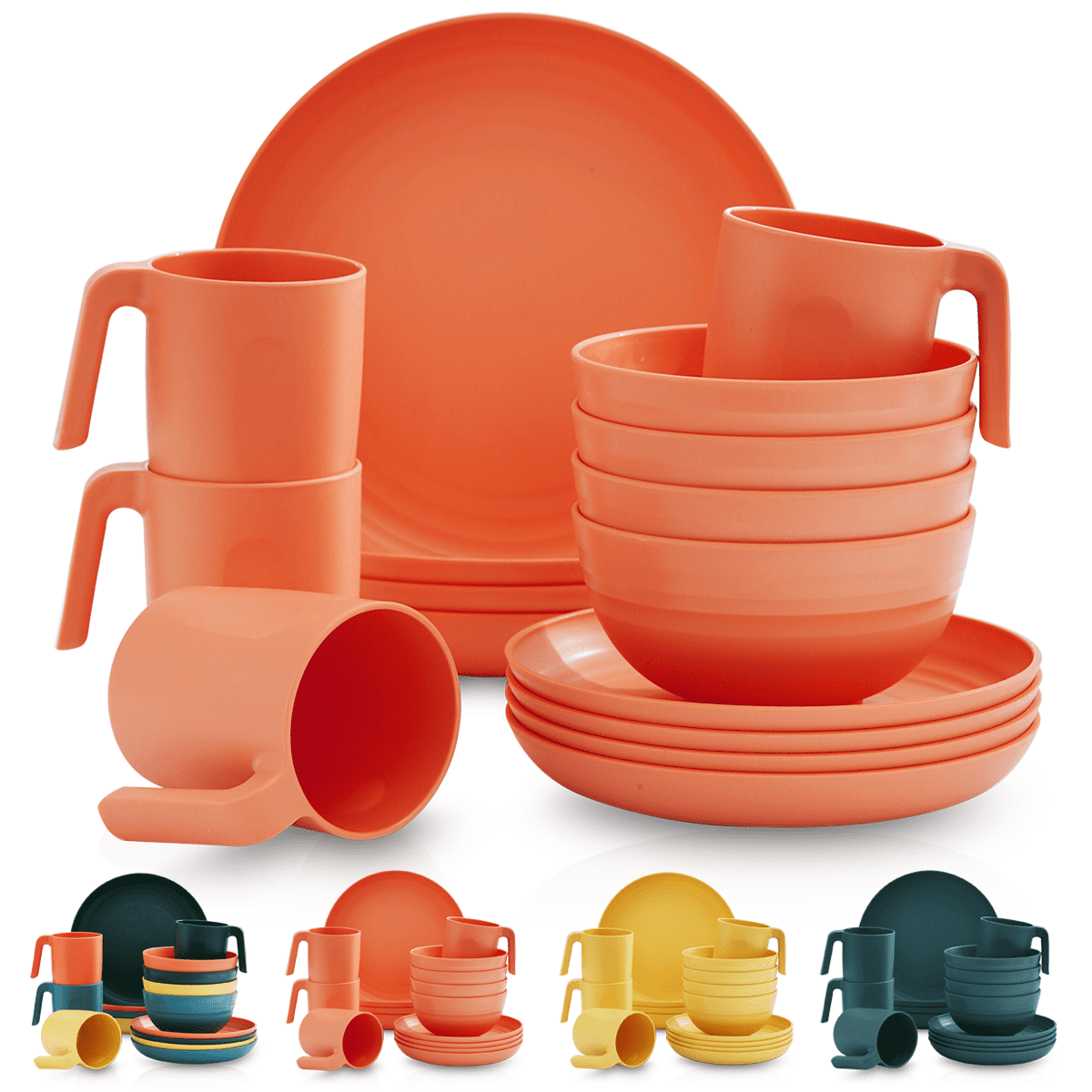 ReaNea Orange Plastic Dinnerware Set of 16 Pieces, Unbreakable And