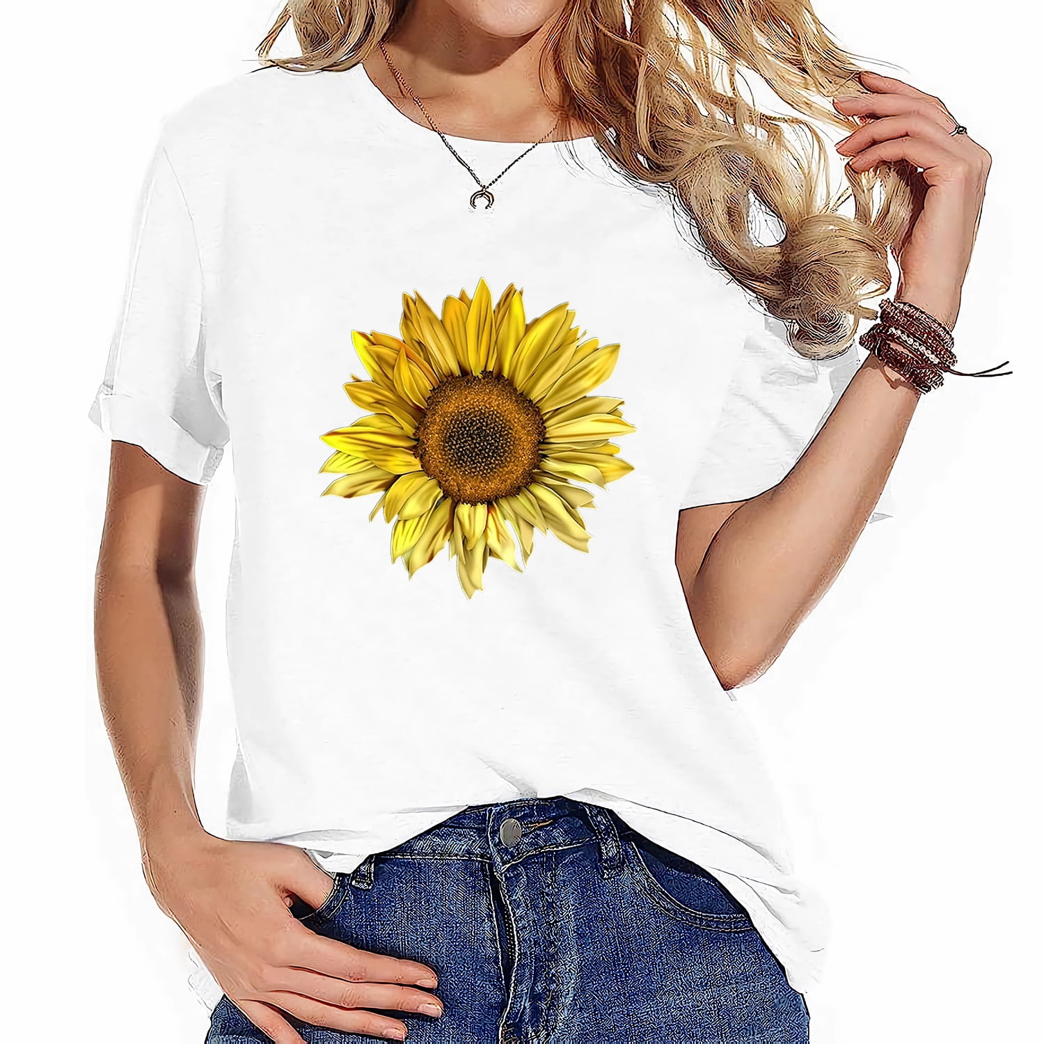 Women's Sunflower Faith Graphic Tee - Cute Casual Short Sleeve Top With Inspirational Message