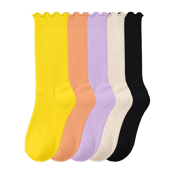 RKSTN 3 Pair Ruffle Socks for Girls Crew Socks Solid Color Lightweight Versatile Sweet Kids Slouch Socks (Yellow ,6-14Years)