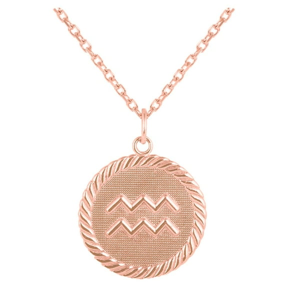 Reversible Aquarius Zodiac Sign Charm Coin Pendant Necklace in Solid Gold (20 Inches)