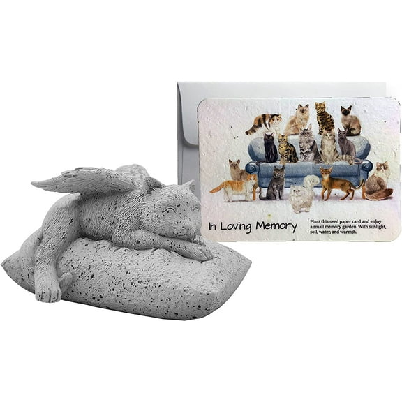 Pet Memorial Gifts Cat Angel Memorial Statue with Handmade in Loving Memory Cat Wildflower Seed Paper Sympathy Cards for Cats Passing Away, Loss of Pet Gifts Bereavement