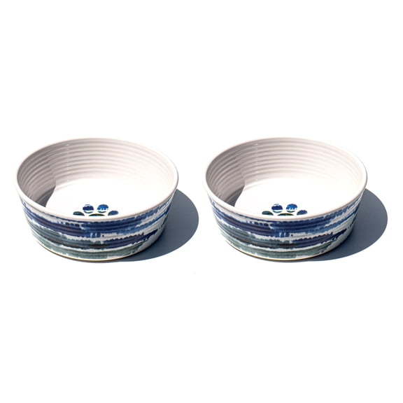 Tie Dye Paw Print Melamine Pet Bowl - Large - 8 Cups - Blue - Set of 2