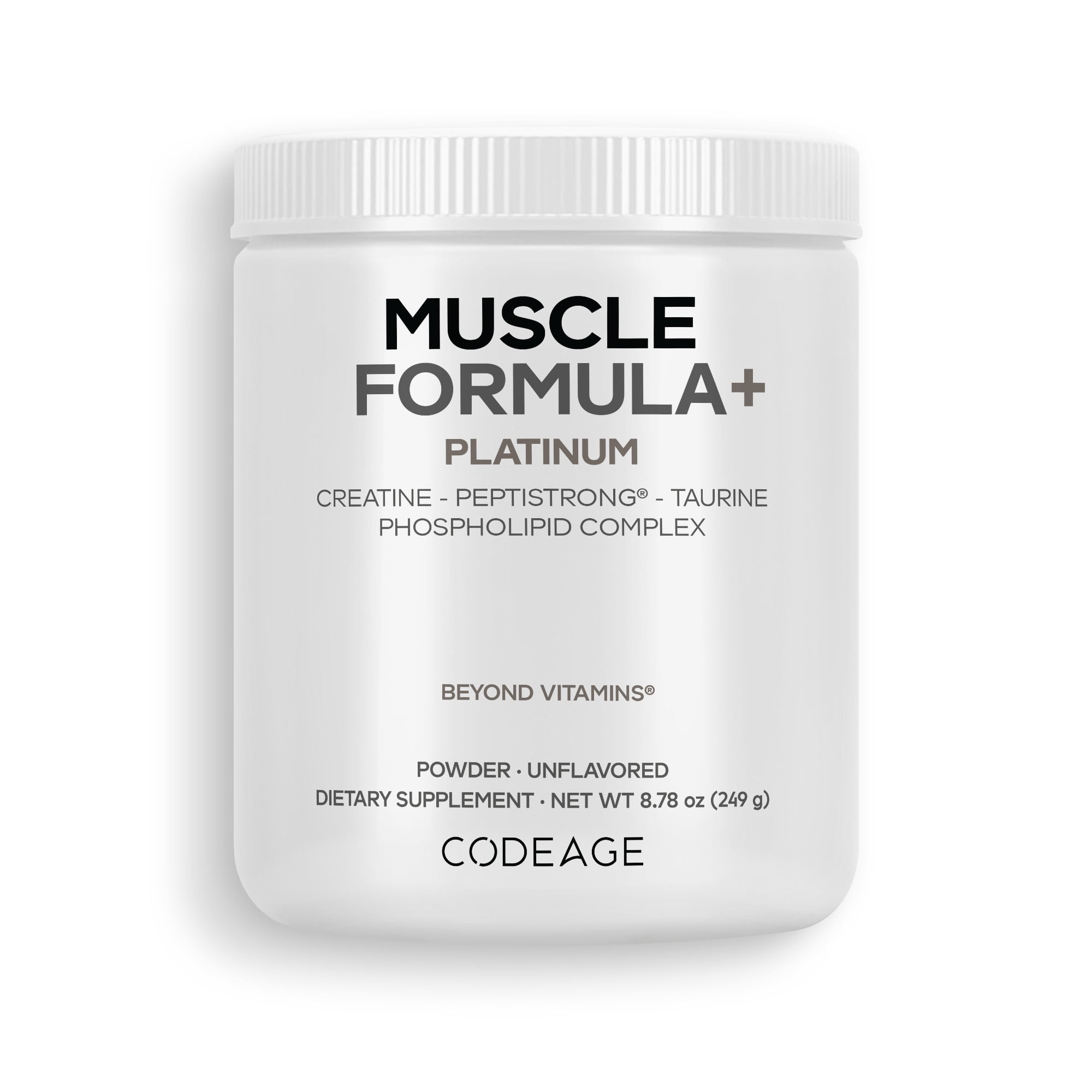 Codeage Muscle Formula+ Platinum Supplement - Creatine Monohydrate, PeptiStrong Fava Bean Protein Hydrolysate, Taurine, Vitamin D3, Liposomal Delivery - Non-GMO - Unflavored Protein Powder - 8.78 Oz