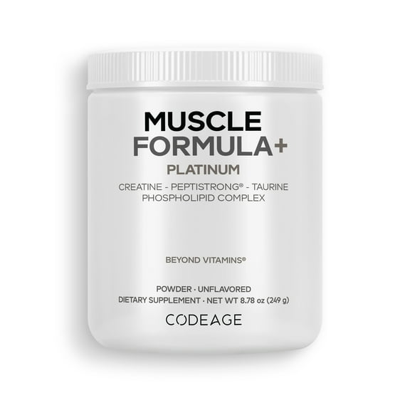 Codeage Muscle Formula Platinum Supplement - Creatine Monohydrate, PeptiStrong Fava Bean Protein Hydrolysate, Taurine, Vitamin D3, Liposomal Delivery - Non-GMO - Unflavored Protein Powder - 8.78 Oz