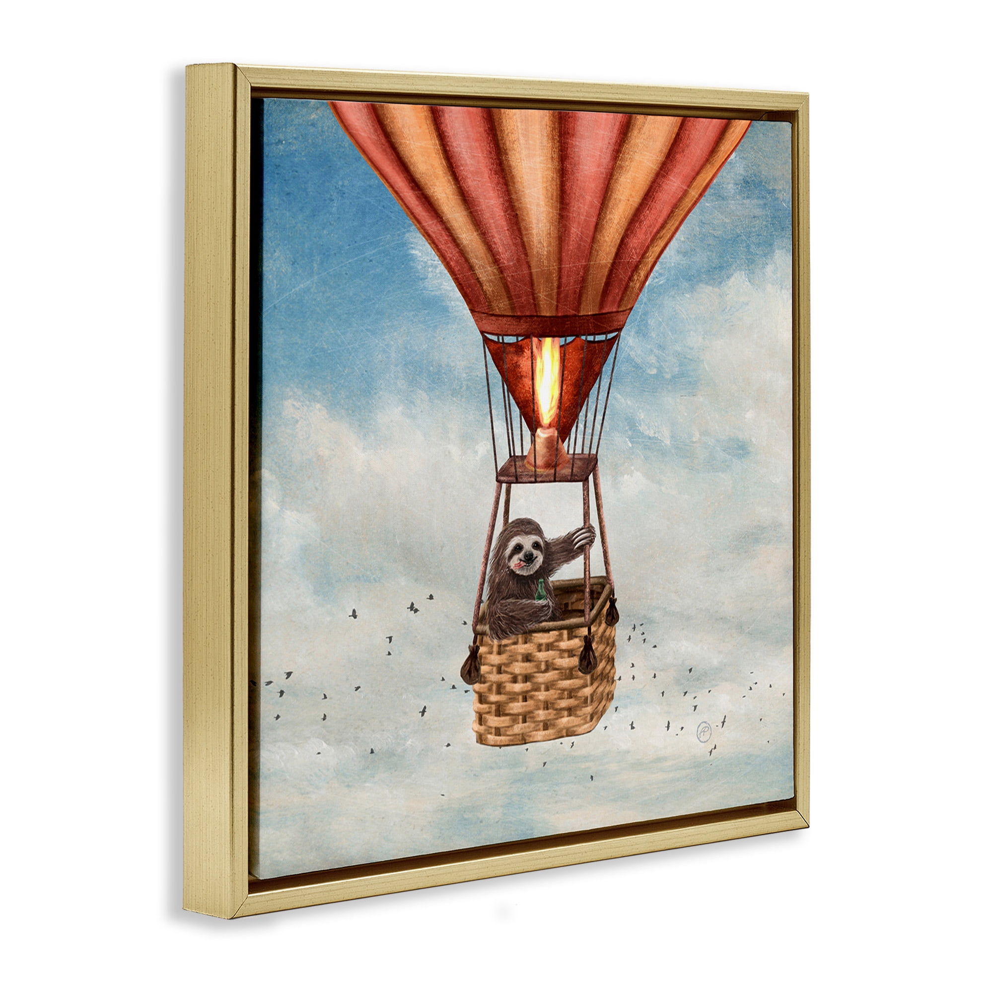 Stupell Industries Sloth in Hot Air Balloon Animals & Insects Painting Gold Floater Framed Canvas Art Print Wall Art, 18 x 18
