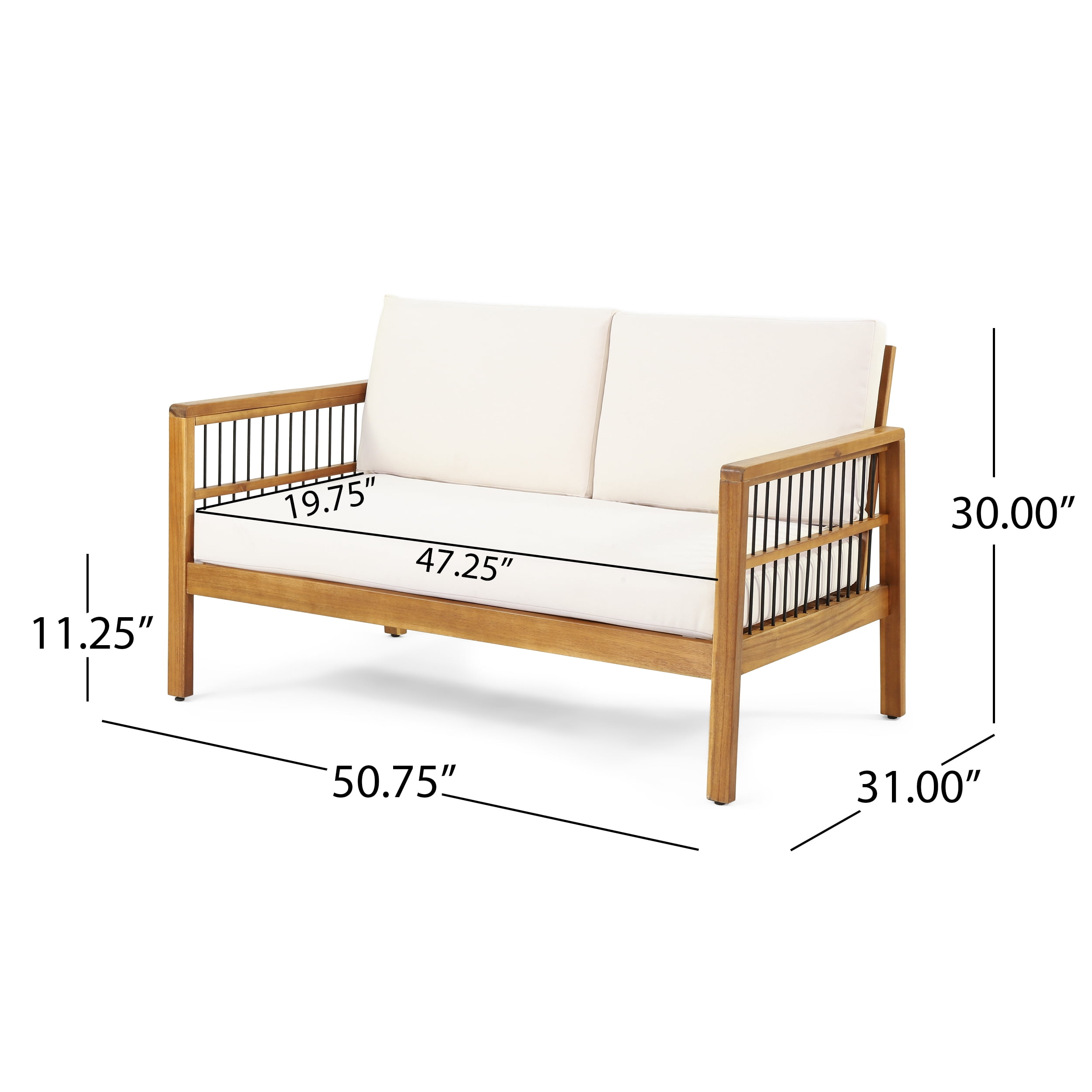 Outdoor Loveseat and Coffee Table Set with Acacia Wood and Cushions, Patio Furniture Set and Garden Seating with 3 Cushions, Teak Black Beige