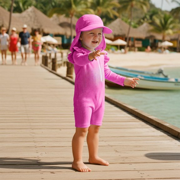 Long Sleeve Zip Up Swimsuit Baby Girls Rashguard with Sun Hat Striped Fly Sleeve Half Zipper Piece SummerHot Pink3-6 Months