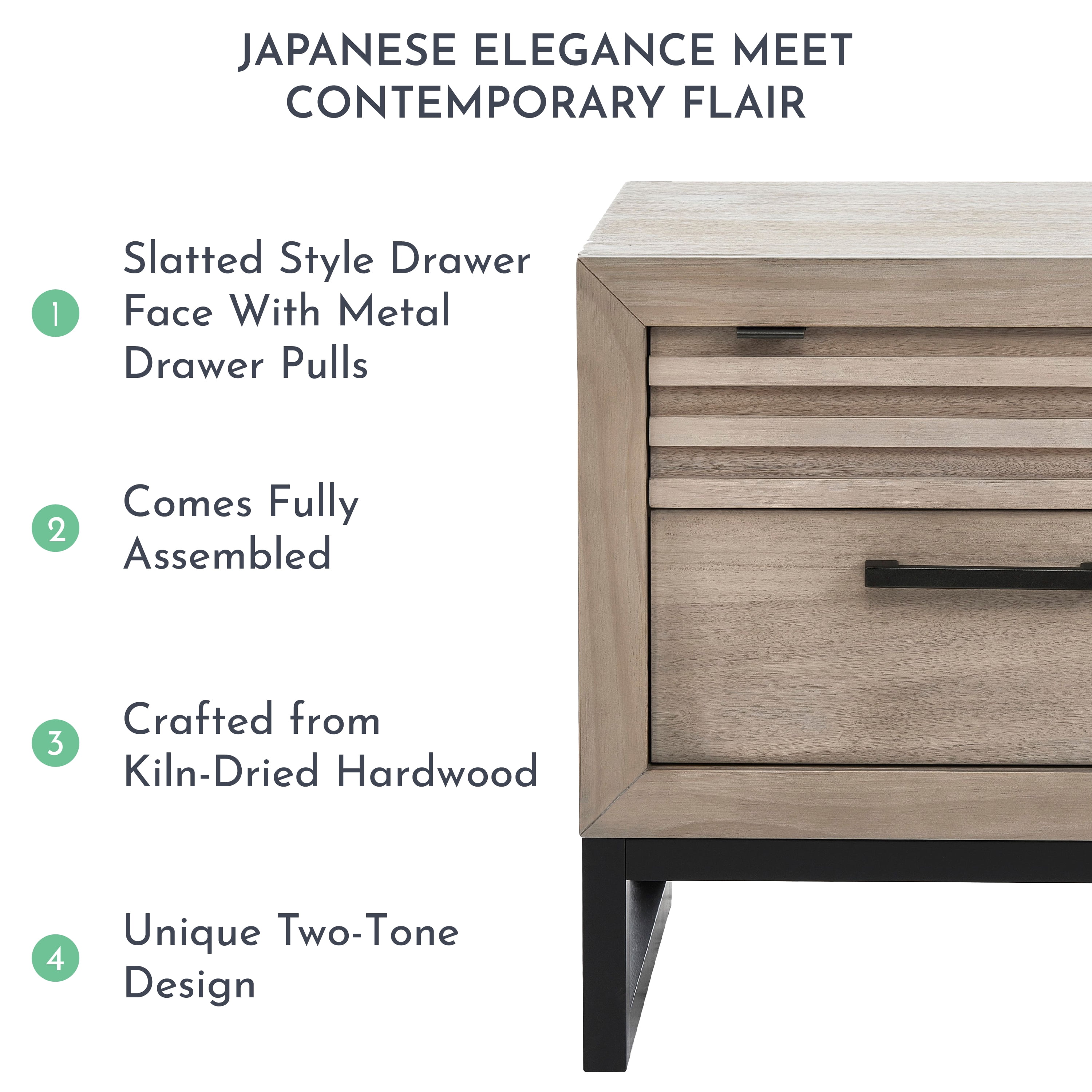 Evolur Kyoto Night Stand In Brown Stone, Spacious Drawers With Ball Bearing Glides