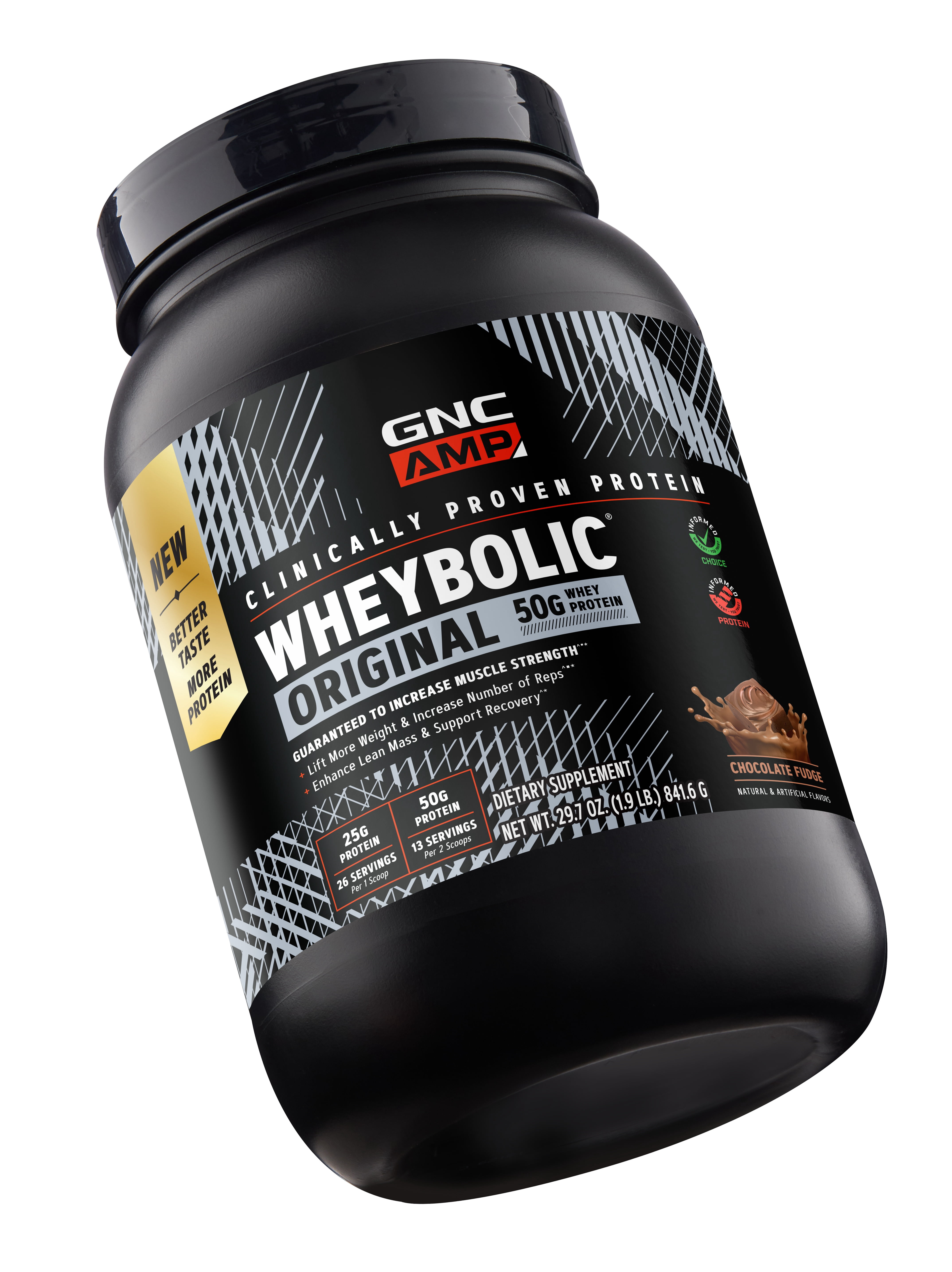 GNC AMP Wheybolic Clinically Proven Protein Powder, 50g Whey Protein, BCAA, Leucine, Increases Muscle Strength, Muscle Building, 3rd Party Tested, Gluten Free, Chocolate Fudge 13 Servings