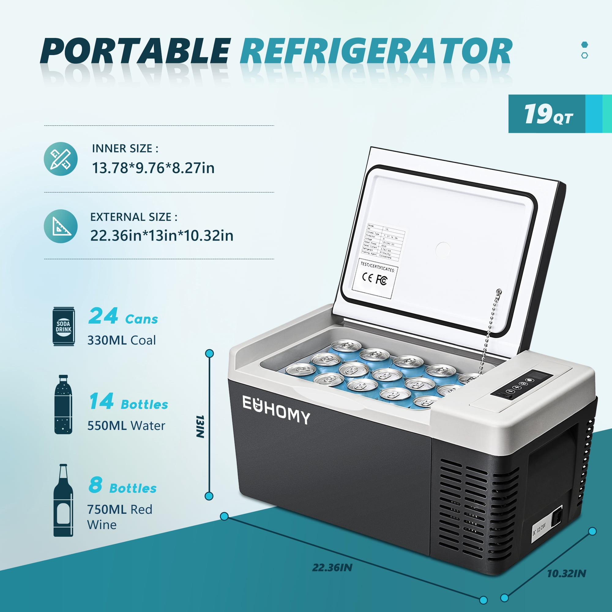 EUHOMY 12 Volt Refrigerator, 18QT Compressor Electric Cooler, Car Fridge -4~68, Portable Refrigerator 12/24V DC 110-240V AC, Portable Freezer for Camping, Travel, Boat